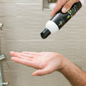 Man pouring Men's Premium Hair Growth strengthening and Support Shampoo into hand in the shower