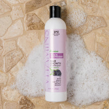 Load image into Gallery viewer, Bottle of Premium Hair Growth Support Shampoo, Black Raspberry, Sulfate Free, with Biotin, Keratin, Acai Fruit Oil, Baicapil, Procapil with shower bubbles on the bottle